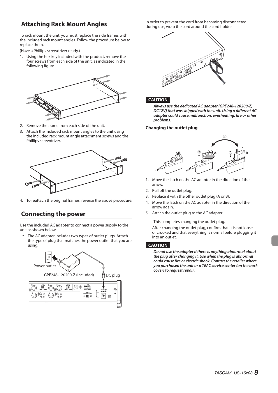 Attaching rack mount angles, Connecting the power, Attaching rack mount angles connecting the power | 9attaching rack mount angles | Teac US-16X08 User Manual | Page 9 / 92