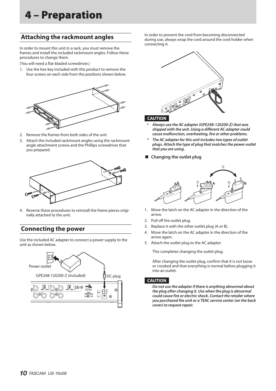 4 – preparation, Attaching the rackmount angles, Connecting the power | Teac US-16X08 Reference Manual User Manual | Page 10 / 34