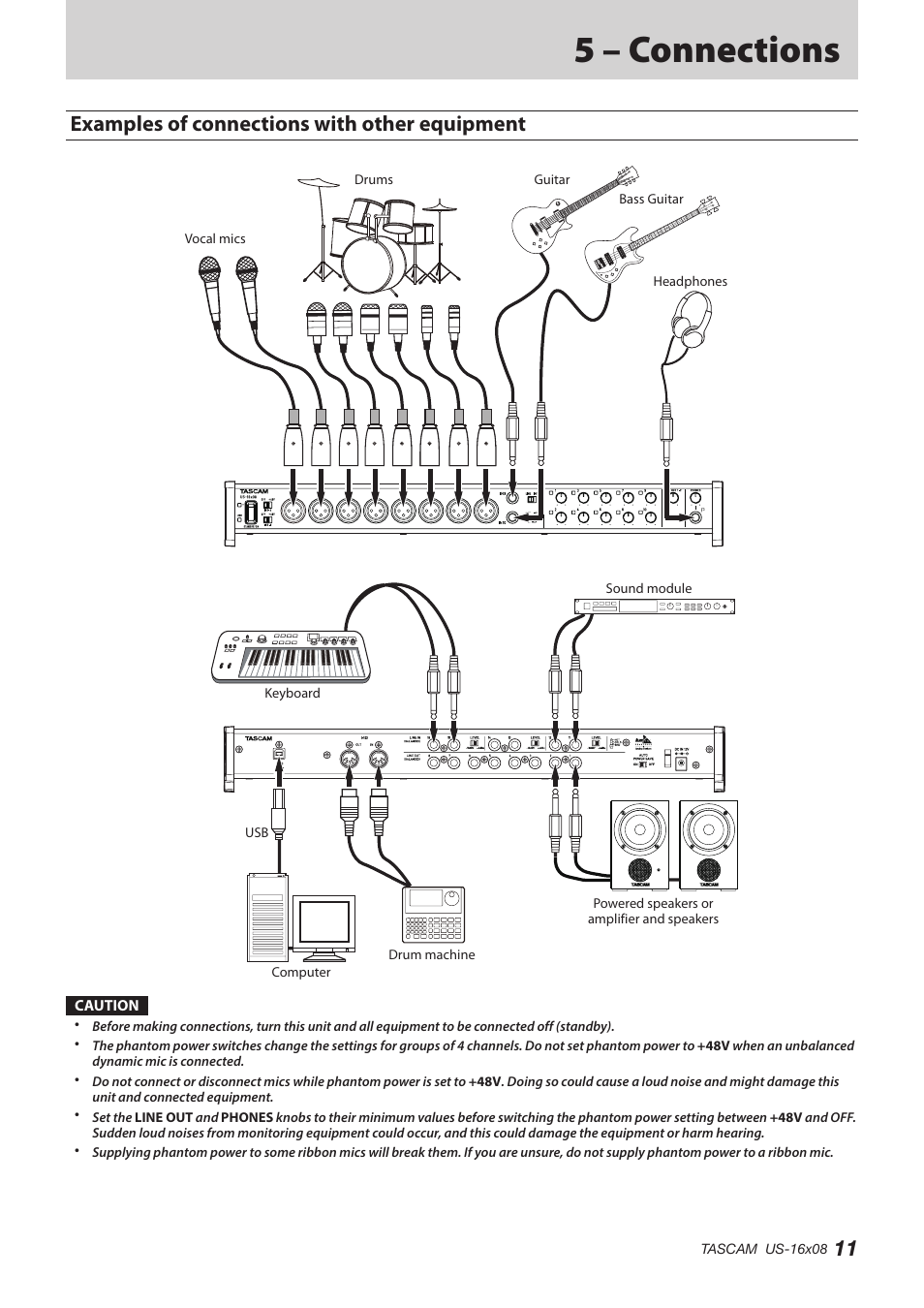 5 – connections, Examples of connections with other equipment | Teac US-16X08 Reference Manual User Manual | Page 11 / 34