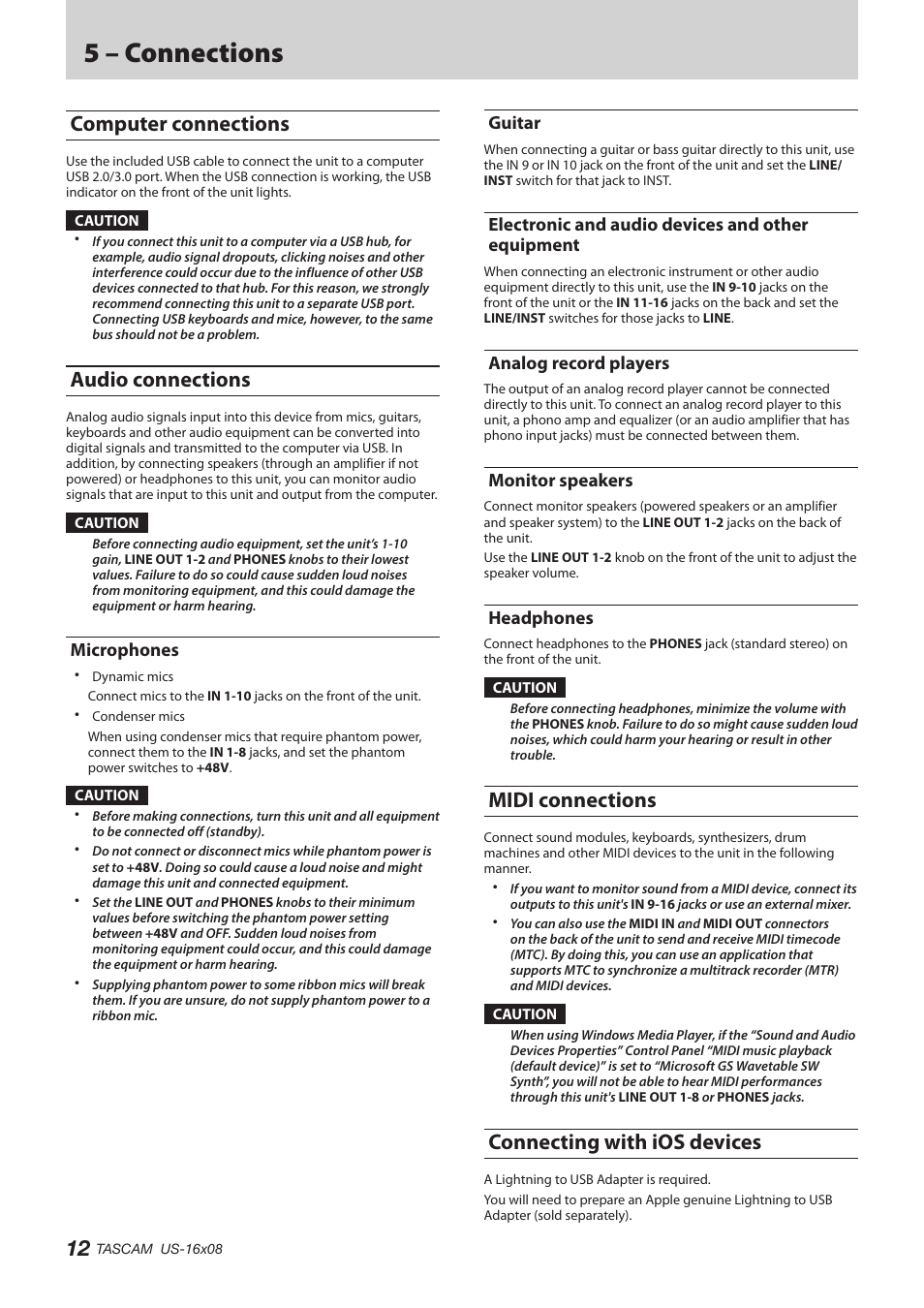 Computer connections, Audio connections, Microphones | Guitar, Electronic and audio devices and other equipment, Analog record players, Monitor speakers, Headphones, Midi connections, Connecting with ios devices | Teac US-16X08 Reference Manual User Manual | Page 12 / 34