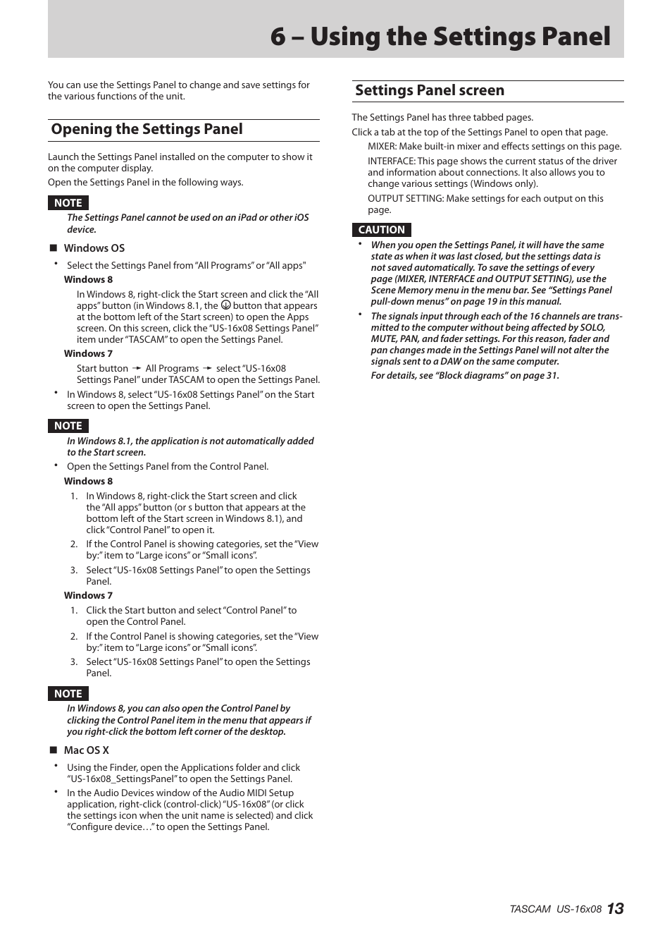 6 – using the settings panel, Opening the settings panel, Settings panel screen | Opening the settings panel settings panel screen | Teac US-16X08 Reference Manual User Manual | Page 13 / 34