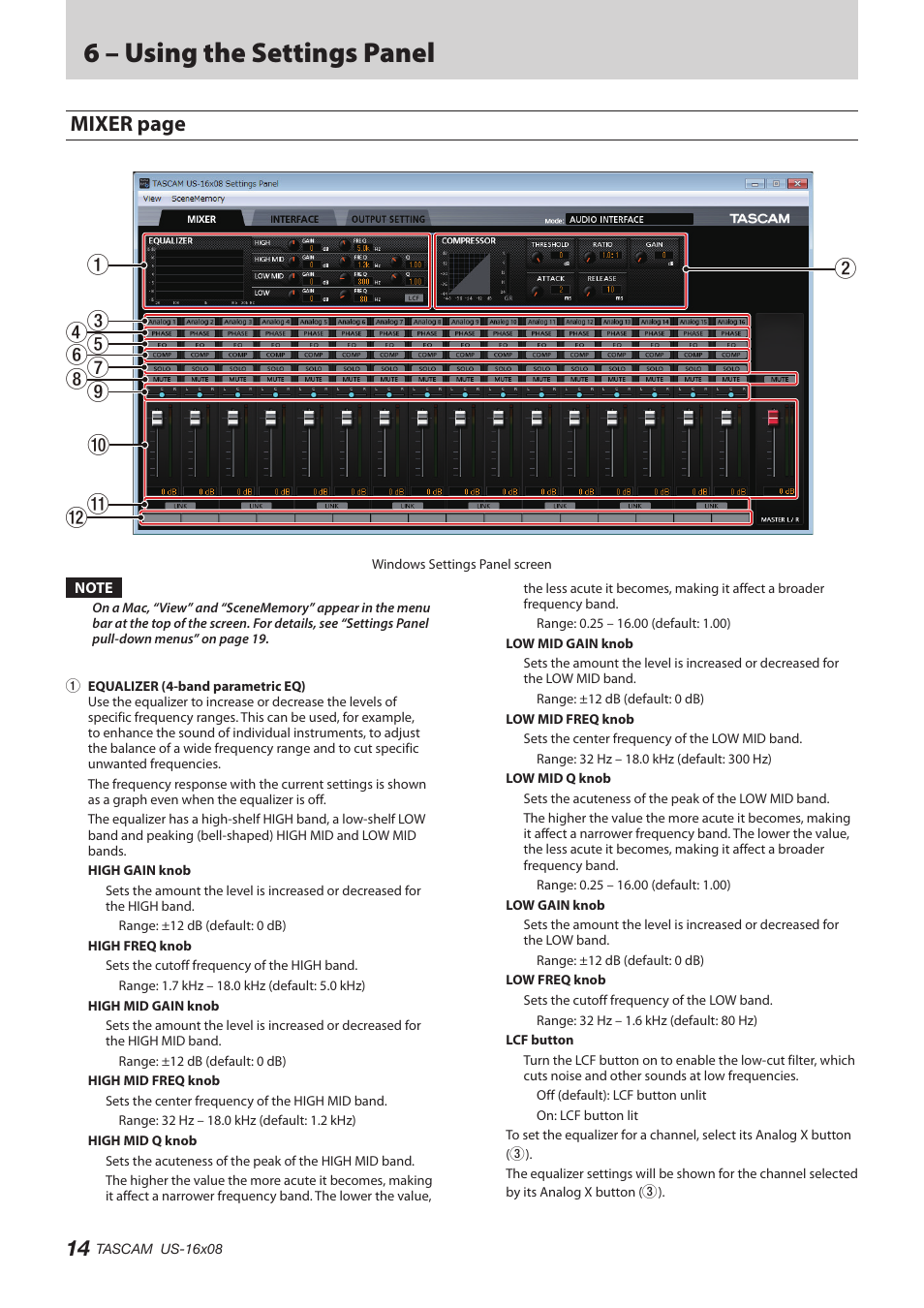 6 – using the settings panel, Mixer page | Teac US-16X08 Reference Manual User Manual | Page 14 / 34