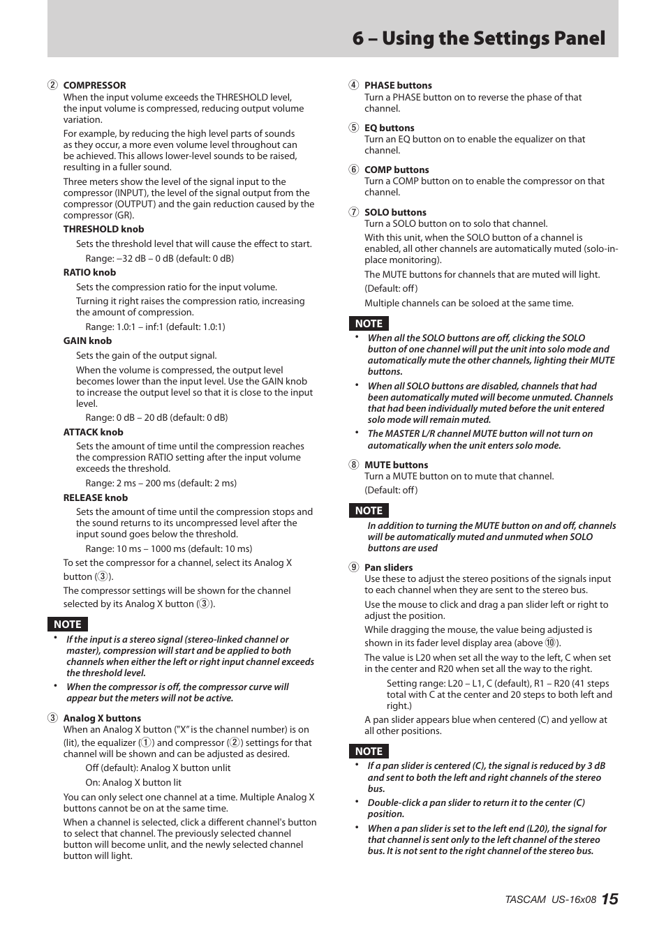 6 – using the settings panel | Teac US-16X08 Reference Manual User Manual | Page 15 / 34