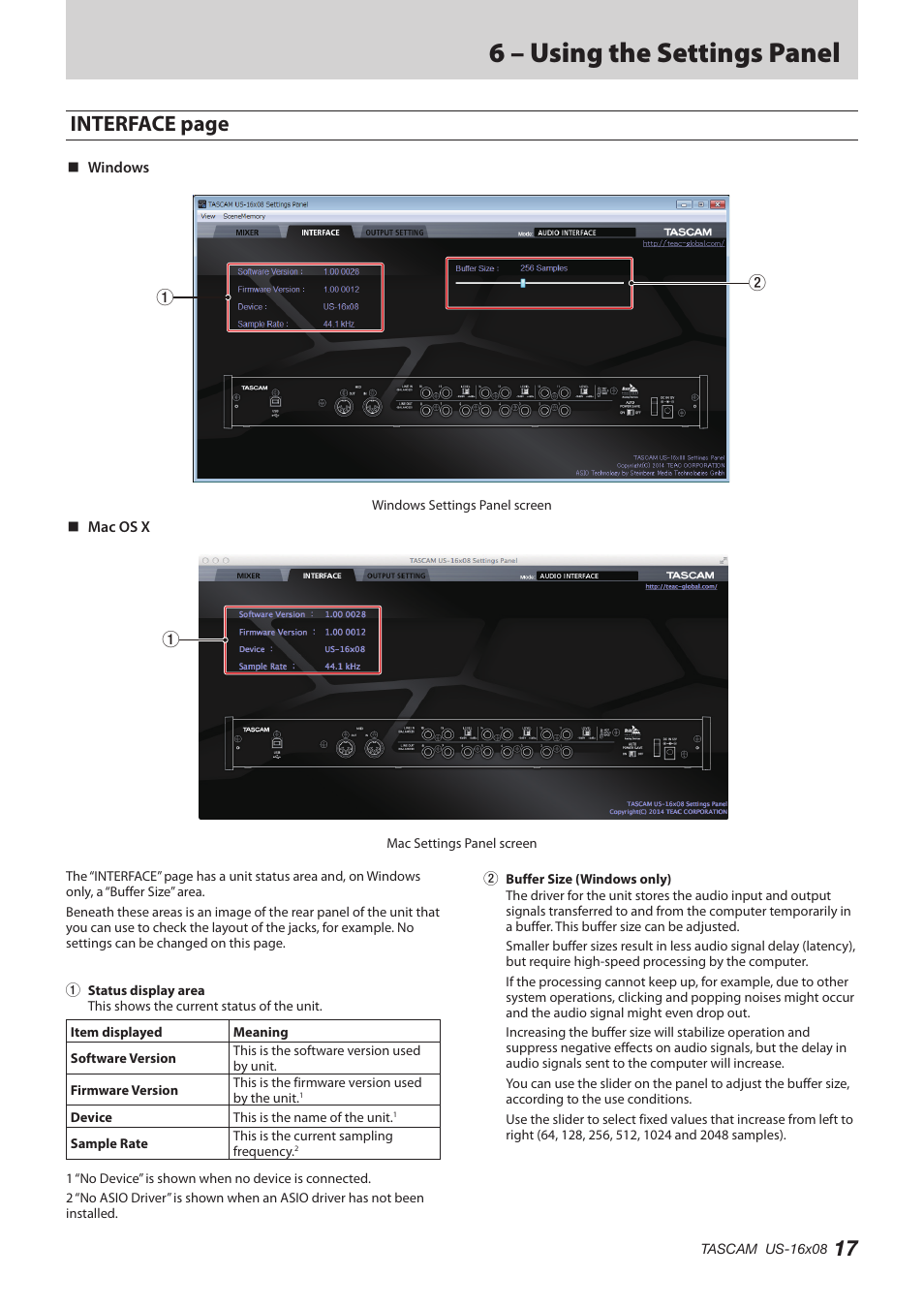 6 – using the settings panel, Interface page | Teac US-16X08 Reference Manual User Manual | Page 17 / 34