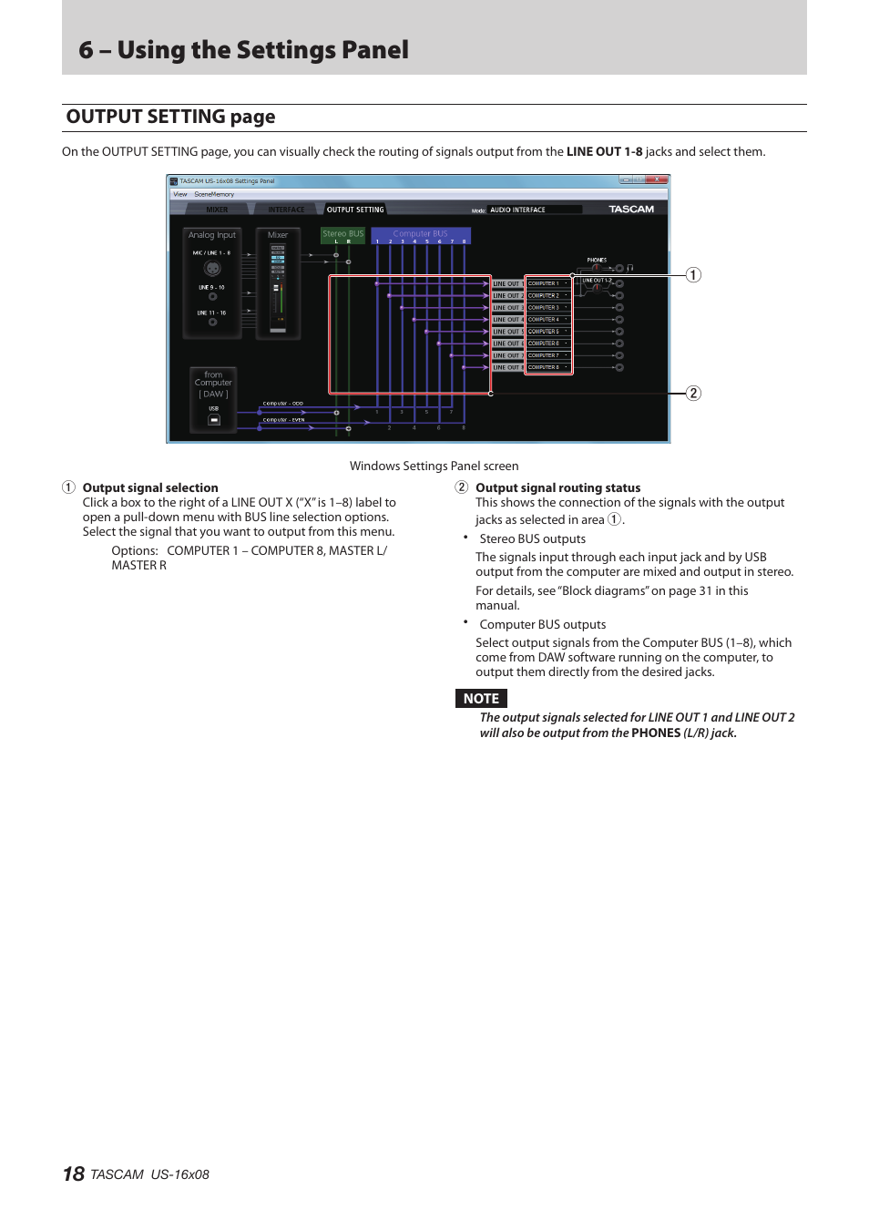 6 – using the settings panel, Output setting page | Teac US-16X08 Reference Manual User Manual | Page 18 / 34