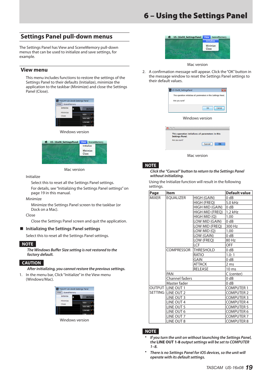 Settings panel pull-down menus, View menu, 6 – using the settings panel | Teac US-16X08 Reference Manual User Manual | Page 19 / 34