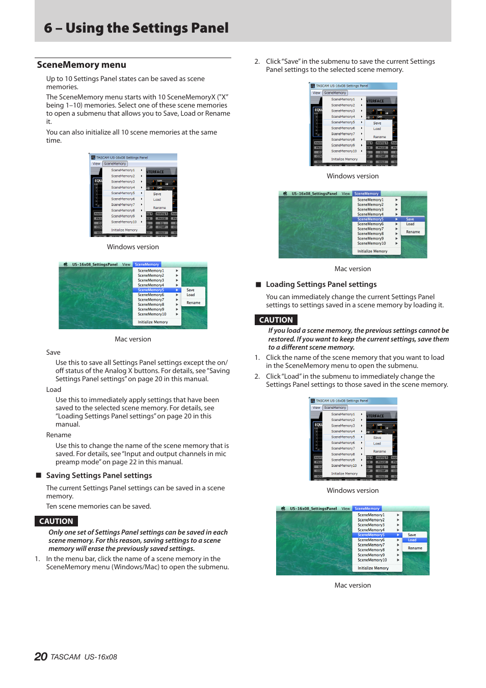 Scenememory menu, 6 – using the settings panel | Teac US-16X08 Reference Manual User Manual | Page 20 / 34