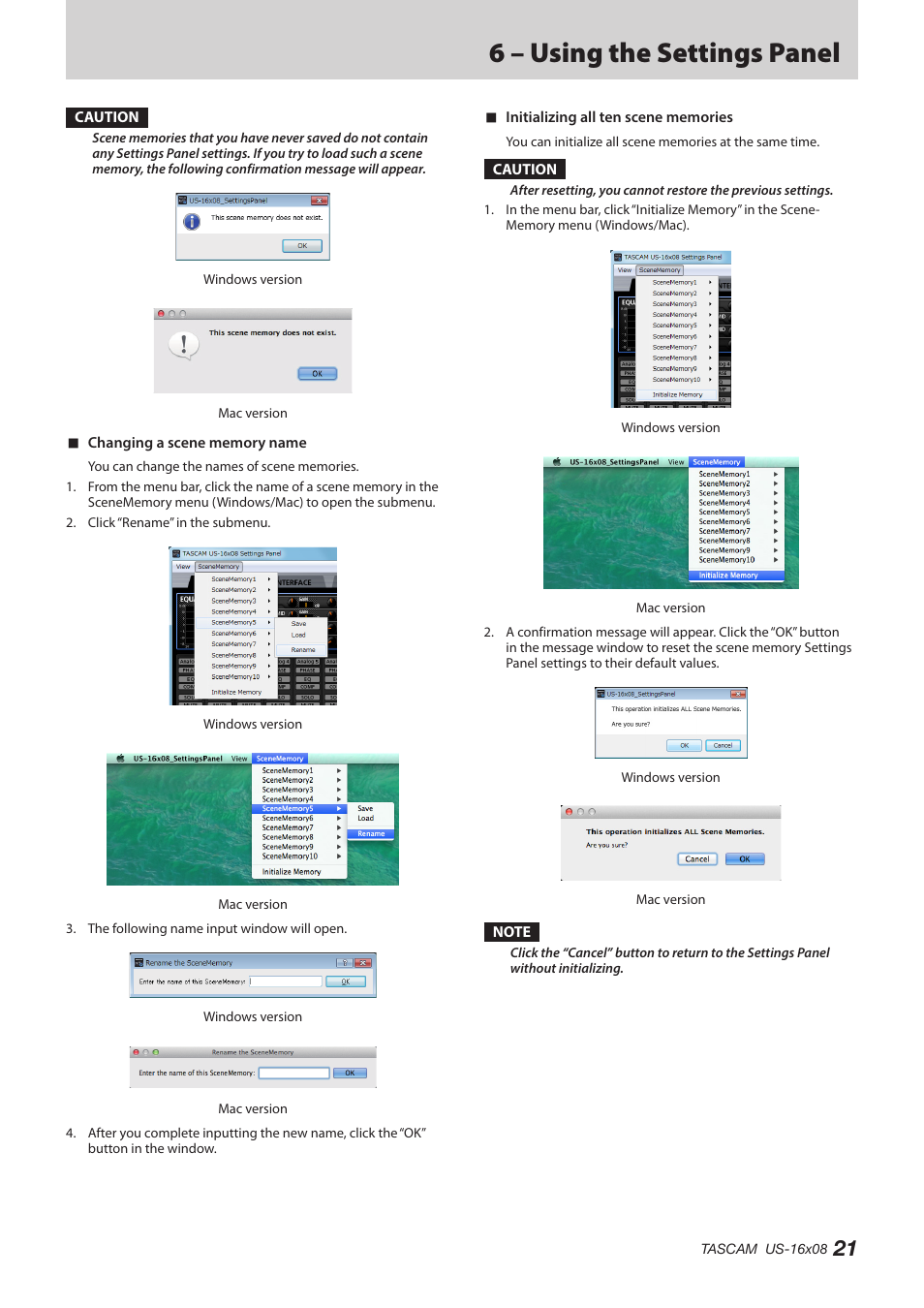 6 – using the settings panel | Teac US-16X08 Reference Manual User Manual | Page 21 / 34