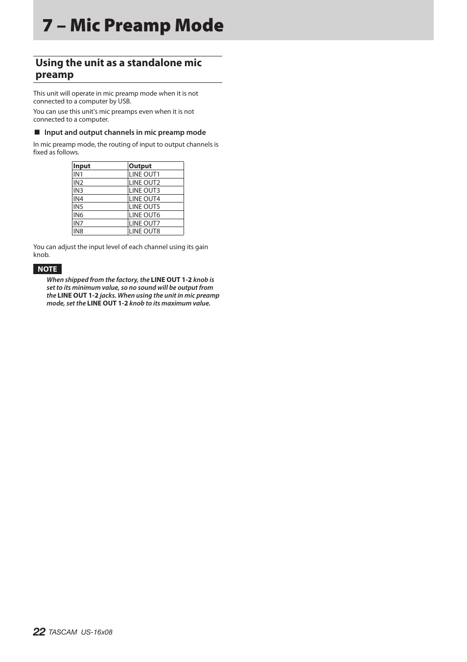 7 – mic preamp mode, Using the unit as a standalone mic preamp, See “input and output channels in mic | Teac US-16X08 Reference Manual User Manual | Page 22 / 34