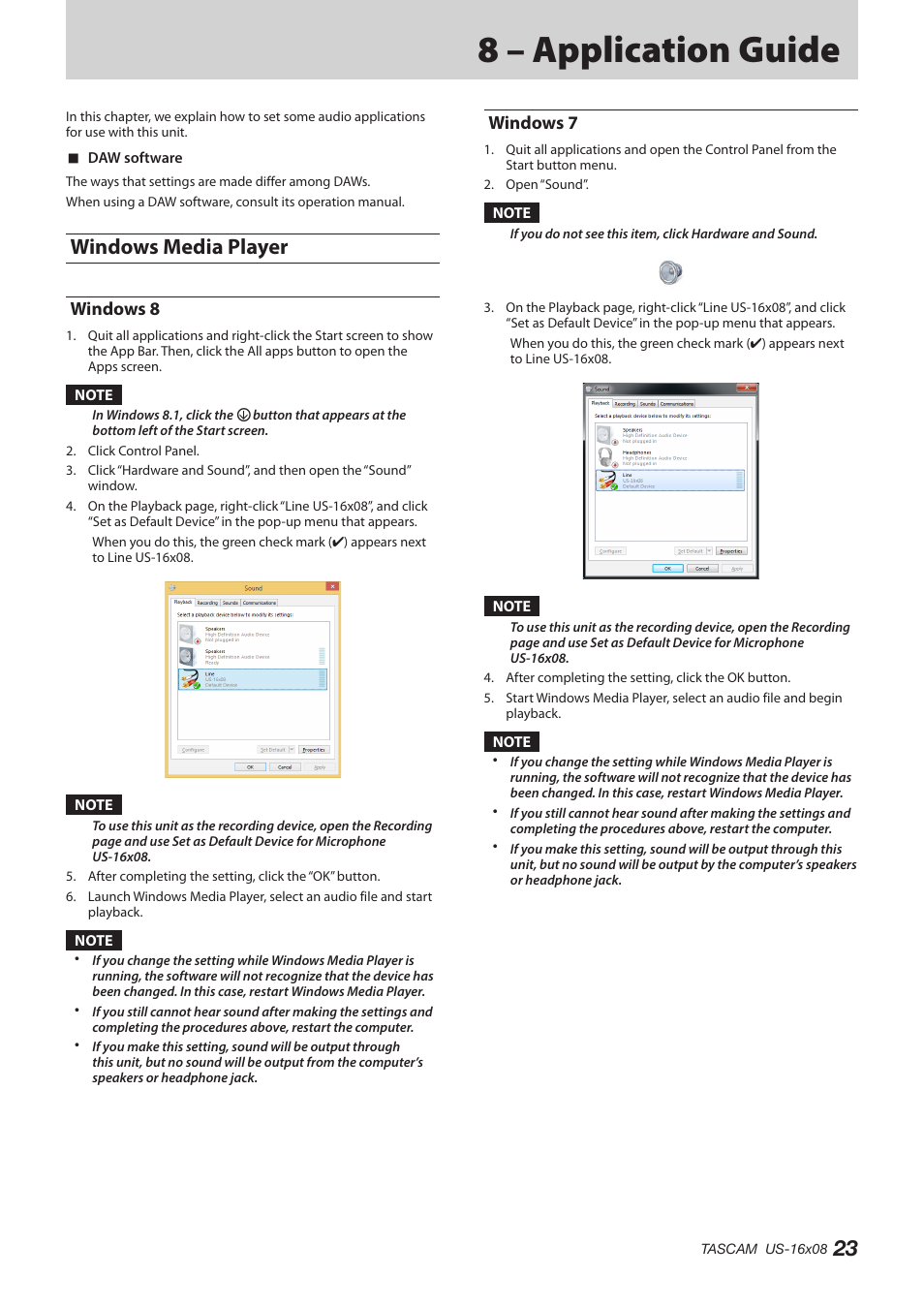 8 – application guide, Windows media player, Windows 8 | Windows 7, Windows 8 windows 7 | Teac US-16X08 Reference Manual User Manual | Page 23 / 34