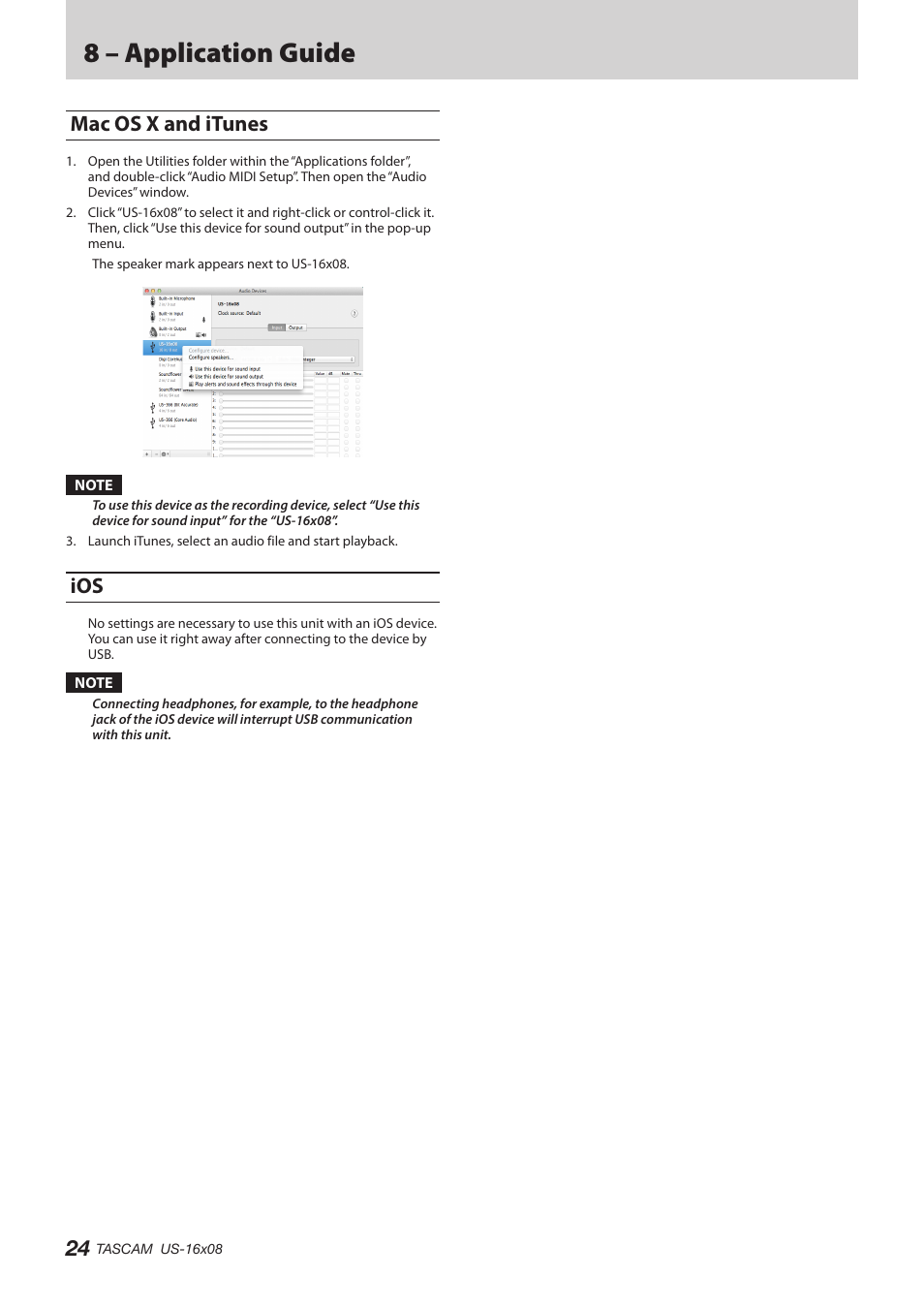 Mac os x and itunes, Mac os x and itunes ios, 8 – application guide | Teac US-16X08 Reference Manual User Manual | Page 24 / 34