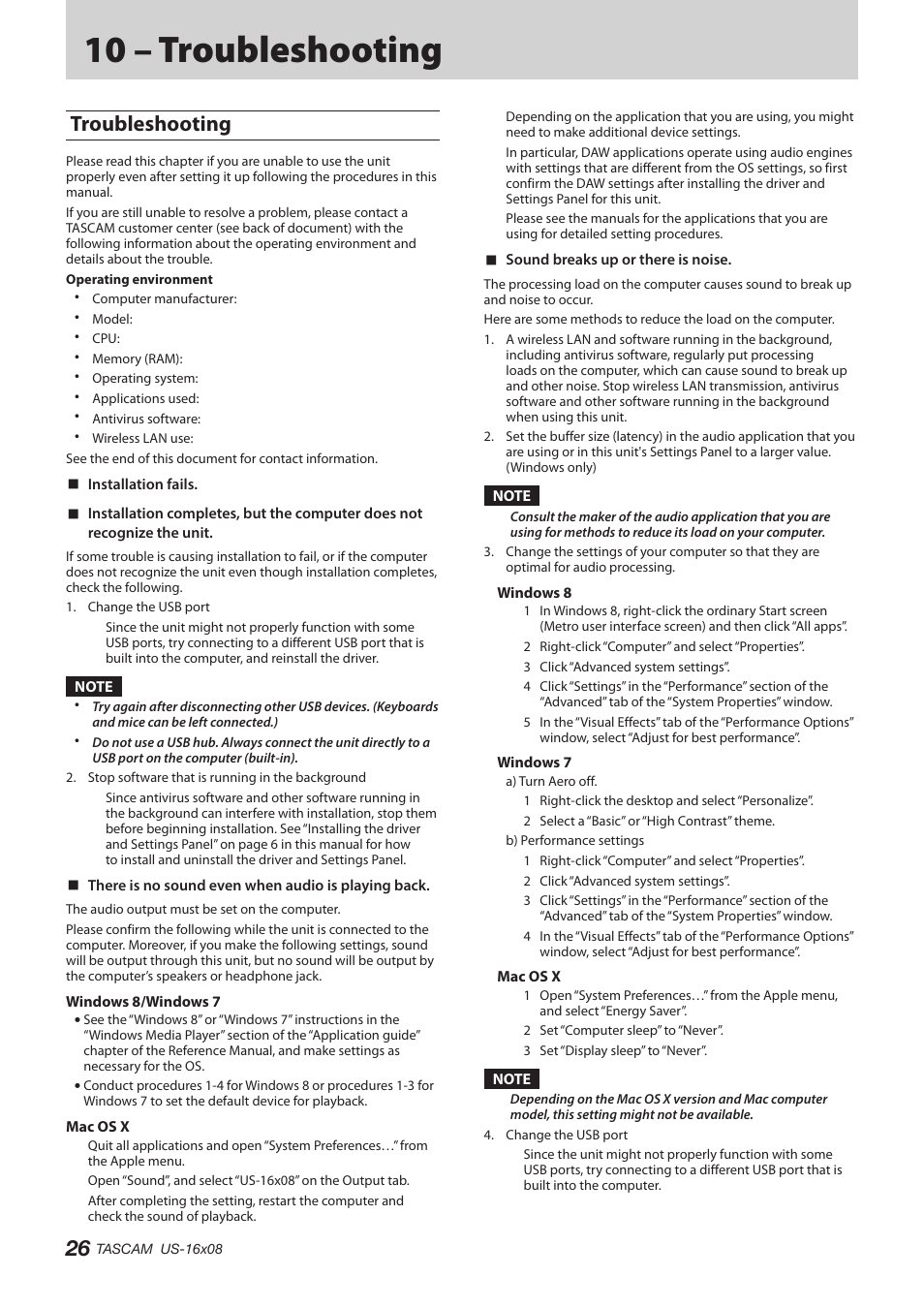 10 – troubleshooting, Troubleshooting | Teac US-16X08 Reference Manual User Manual | Page 26 / 34