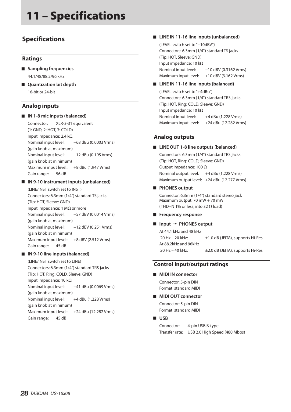 11 – specifications, Specifications, Ratings | Analog inputs, Analog outputs, Control input/output ratings | Teac US-16X08 Reference Manual User Manual | Page 28 / 34