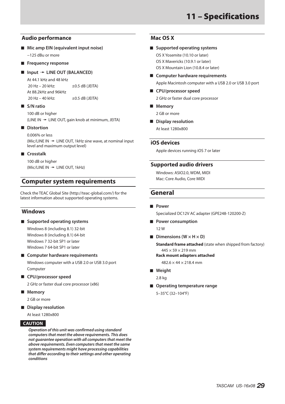 Audio performance, Computer system requirements, Windows | Mac os x, Ios devices, Supported audio drivers, General, 11 – specifications | Teac US-16X08 Reference Manual User Manual | Page 29 / 34