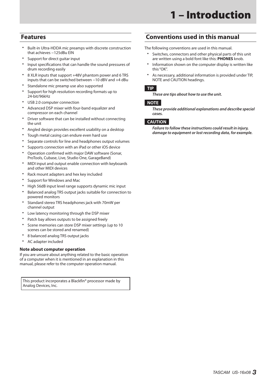 1 – introduction, Features, Conventions used in this manual | Features conventions used in this manual | Teac US-16X08 Reference Manual User Manual | Page 3 / 34