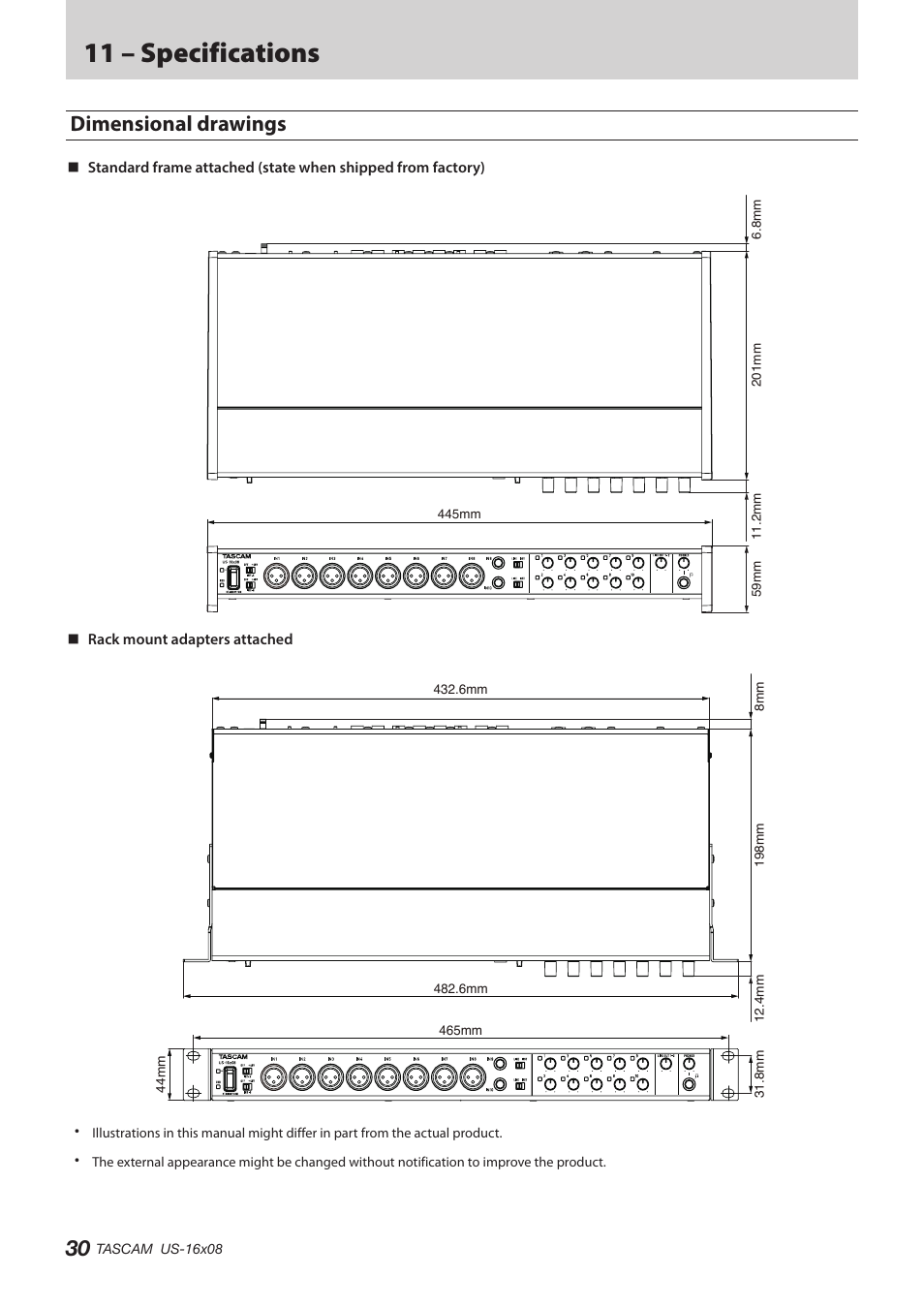 Dimensional drawings, 11 – specifications | Teac US-16X08 Reference Manual User Manual | Page 30 / 34