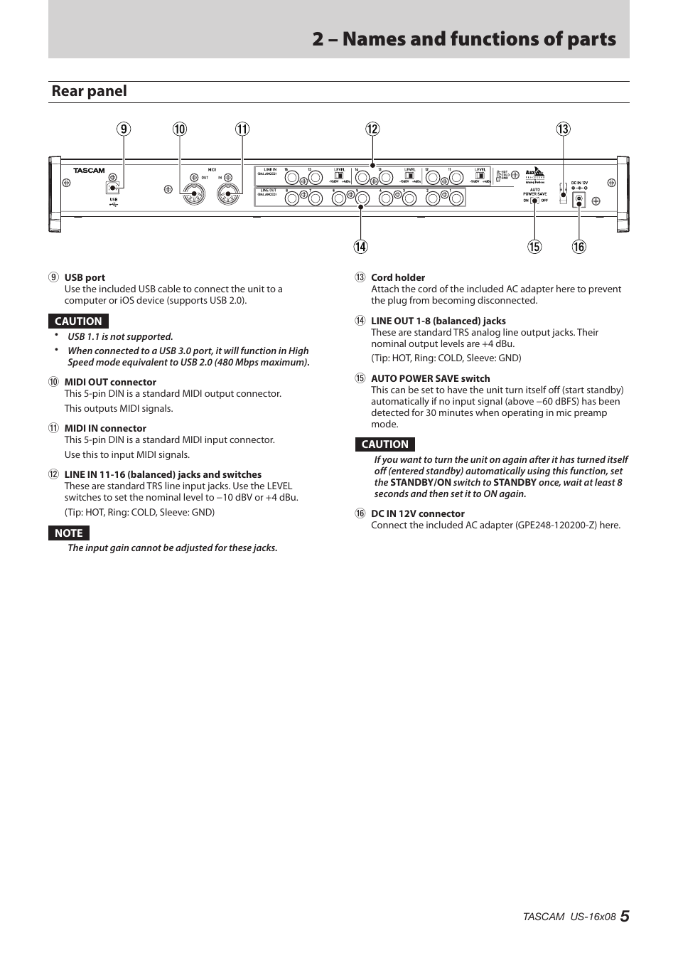 Rear panel, 2 – names and functions of parts | Teac US-16X08 Reference Manual User Manual | Page 5 / 34