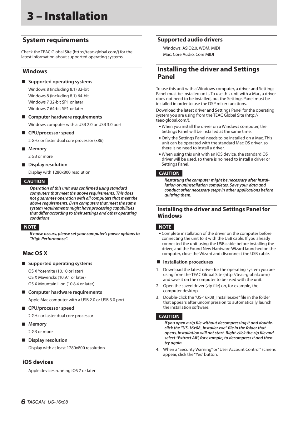 3 – installation, System requirements, Windows | Mac os x, Ios devices, Supported audio drivers, Installing the driver and settings panel, Installing the driver and settings panel for | Teac US-16X08 Reference Manual User Manual | Page 6 / 34