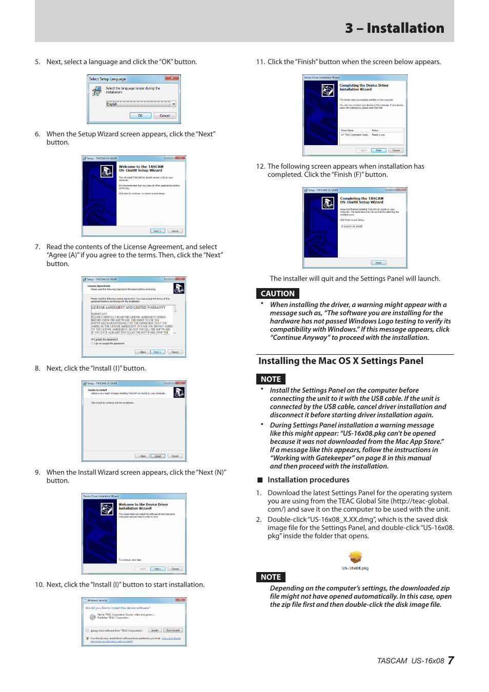 Installing the mac os x settings panel, 3 – installation | Teac US-16X08 Reference Manual User Manual | Page 7 / 34