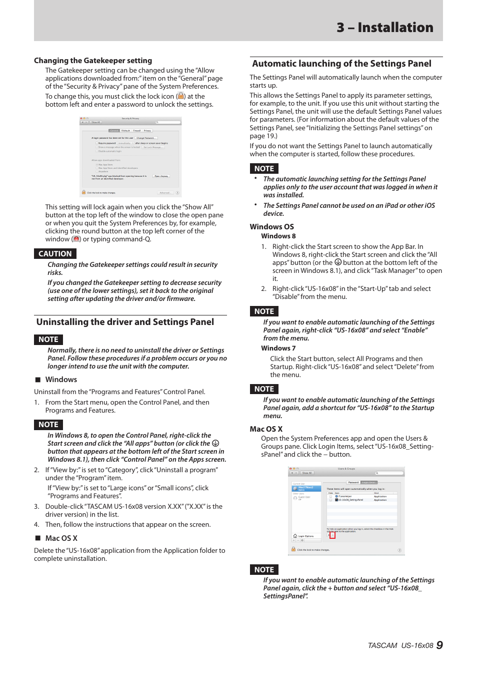 Uninstalling the driver and settings panel, Automatic launching of the settings panel, 3 – installation | Teac US-16X08 Reference Manual User Manual | Page 9 / 34