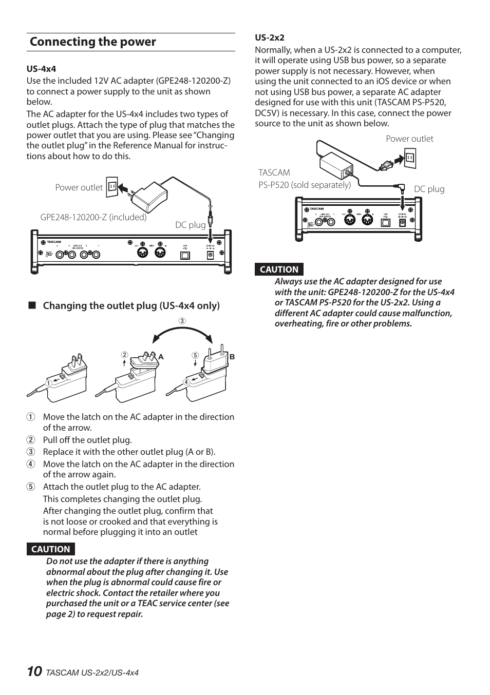 Connecting the power | Teac US-2X2 User Manual | Page 10 / 88