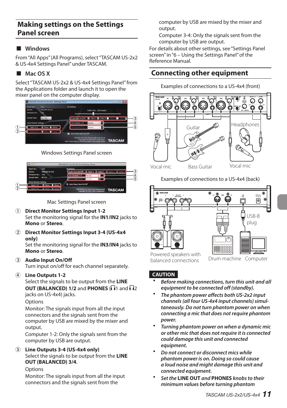 Making settings on the settings panel screen, Connecting other equipment | Teac US-2X2 User Manual | Page 11 / 88