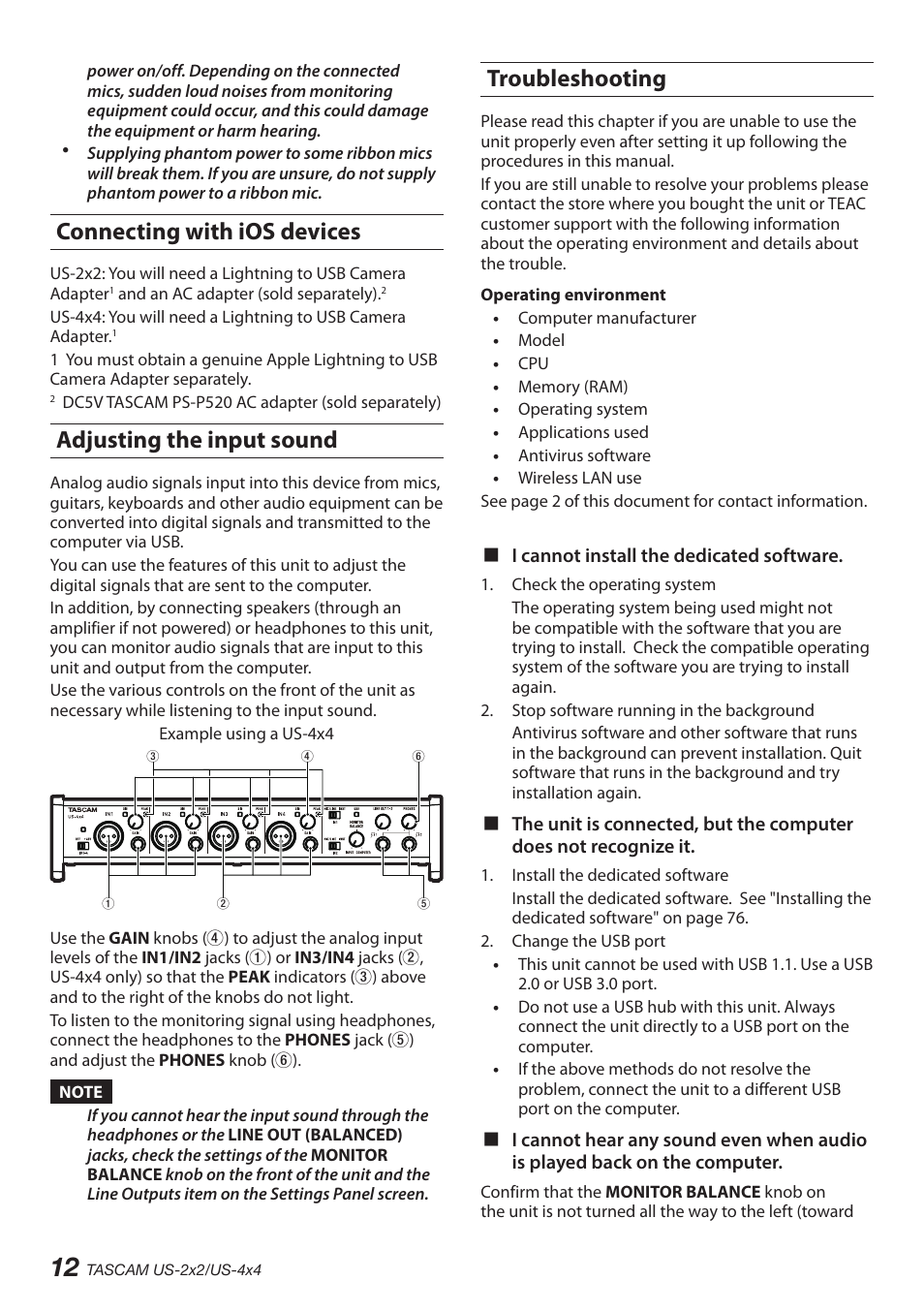 Connecting with ios devices, Adjusting the input sound, Troubleshooting | Teac US-2X2 User Manual | Page 12 / 88