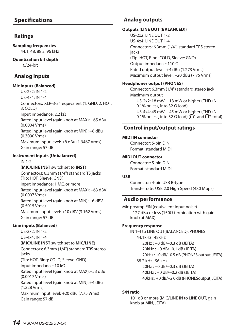 Specifications, Ratings, Analog inputs | Analog outputs, Control input/output ratings, Audio performance | Teac US-2X2 User Manual | Page 14 / 88