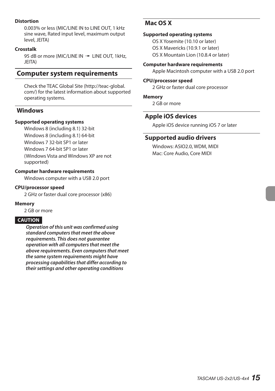 Computer system requirements, Windows, Mac os x | Apple ios devices, Supported audio drivers | Teac US-2X2 User Manual | Page 15 / 88