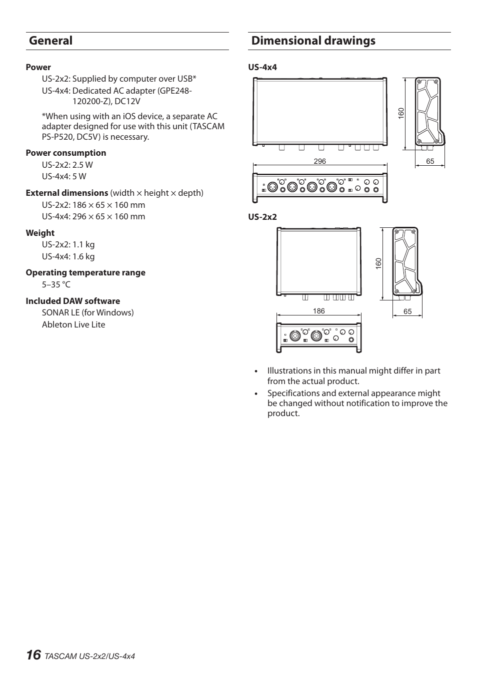 General, Dimensional drawings, General dimensional drawings | Teac US-2X2 User Manual | Page 16 / 88