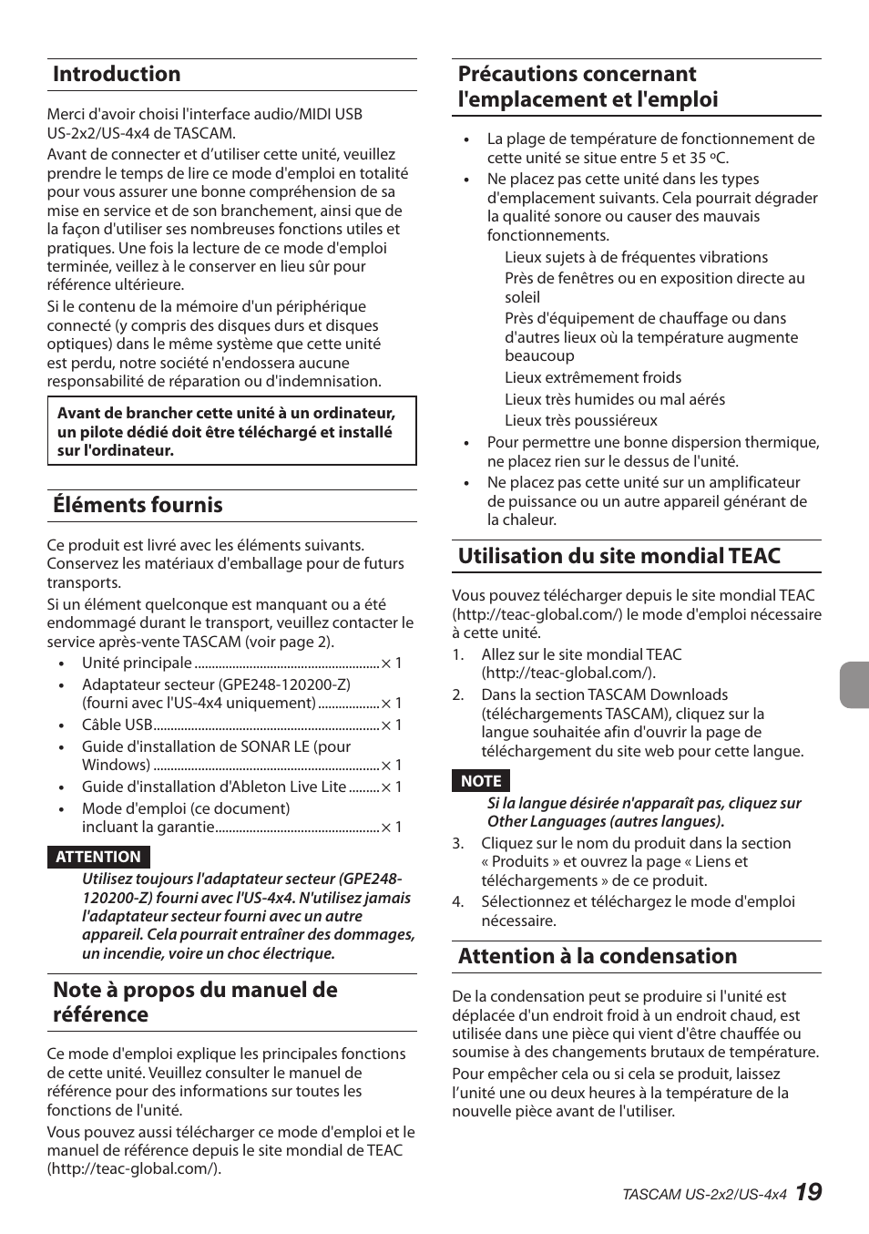 Introduction, Éléments fournis, Note à propos du manuel de référence | Précautions concernant l'emplacement et l'emploi, Utilisation du site mondial teac, Attention à la condensation | Teac US-2X2 User Manual | Page 19 / 88