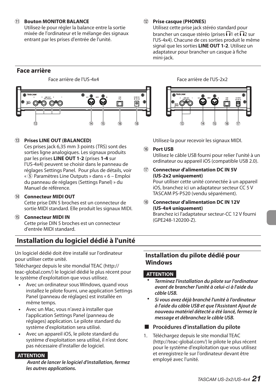 Face arrière, Installation du logiciel dédié à l'unité, Installation du pilote dédié pour windows | Teac US-2X2 User Manual | Page 21 / 88