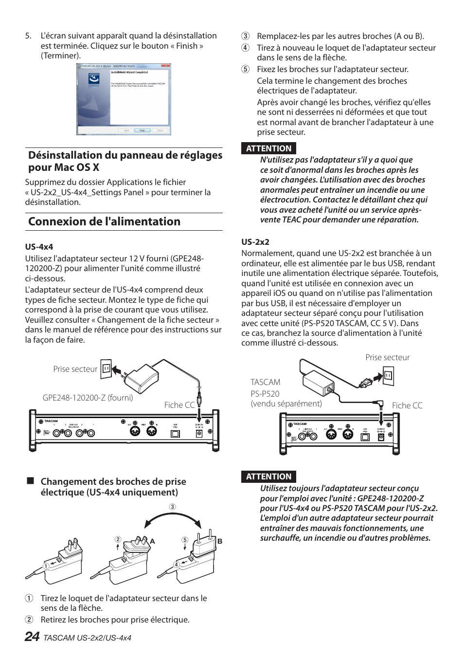 Connexion de l'alimentation, Désinstallation du panneau de réglages, Pour mac os x | Teac US-2X2 User Manual | Page 24 / 88