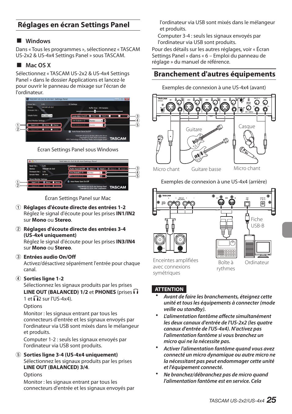 Réglages en écran settings panel, Branchement d'autres équipements | Teac US-2X2 User Manual | Page 25 / 88