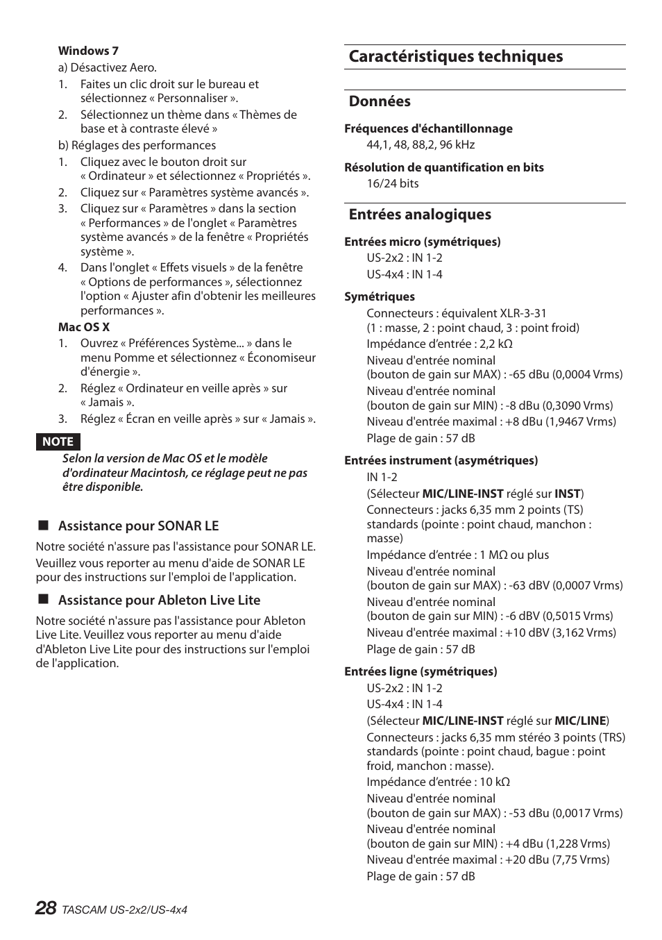 Caractéristiques techniques, Données, Entrées analogiques | Teac US-2X2 User Manual | Page 28 / 88