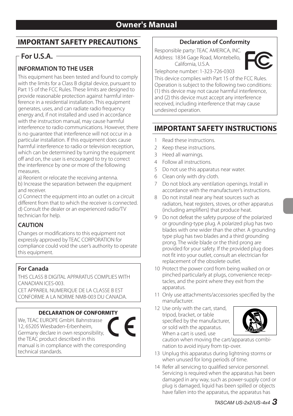 English, 3owner's manual, Important safety precautions | For u.s.a, Important safety instructions | Teac US-2X2 User Manual | Page 3 / 88