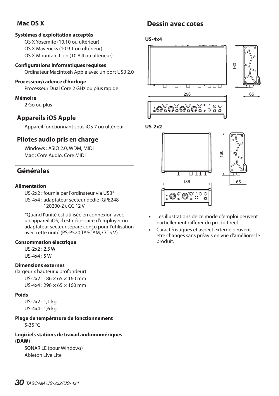 Mac os x, Appareils ios apple, Pilotes audio pris en charge | Générales, Dessin avec cotes, Générales dessin avec cotes | Teac US-2X2 User Manual | Page 30 / 88