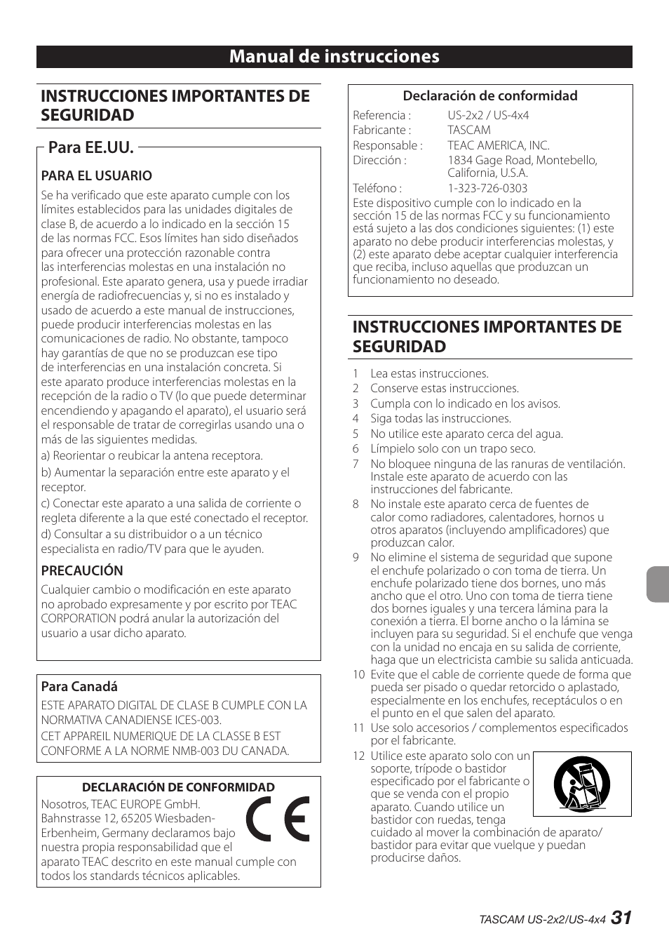 Español, 31 manual de instrucciones, Instrucciones importantes de seguridad | Para ee.uu | Teac US-2X2 User Manual | Page 31 / 88