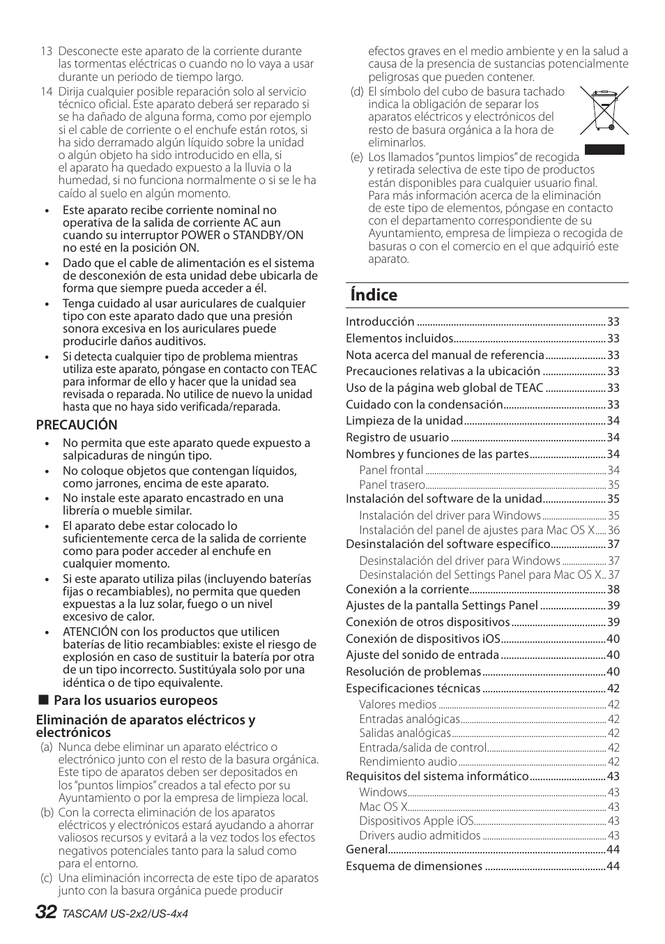 Índice | Teac US-2X2 User Manual | Page 32 / 88
