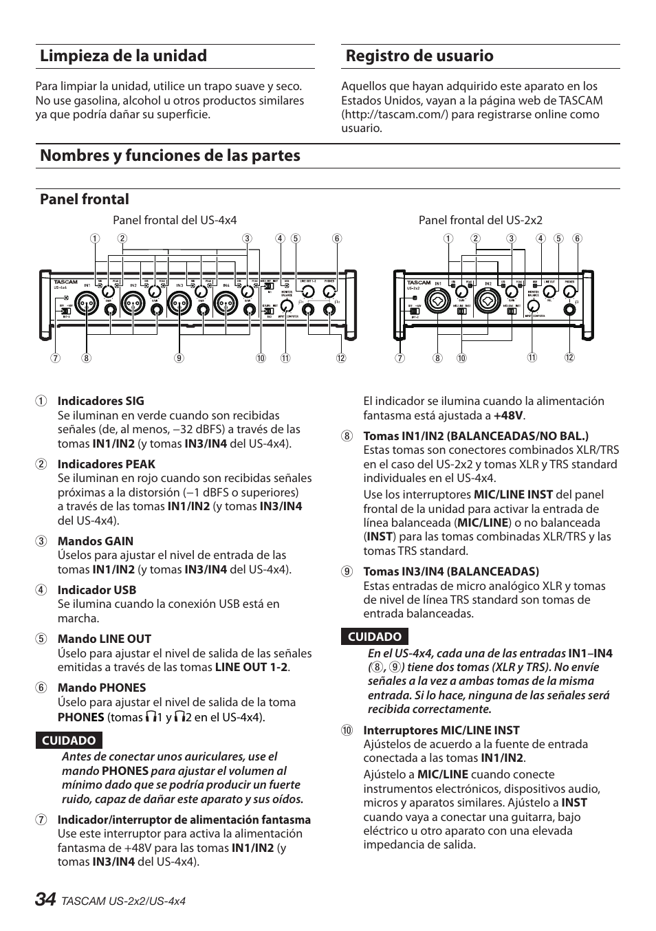 Limpieza de la unidad, Registro de usuario, Nombres y funciones de las partes | Panel frontal | Teac US-2X2 User Manual | Page 34 / 88