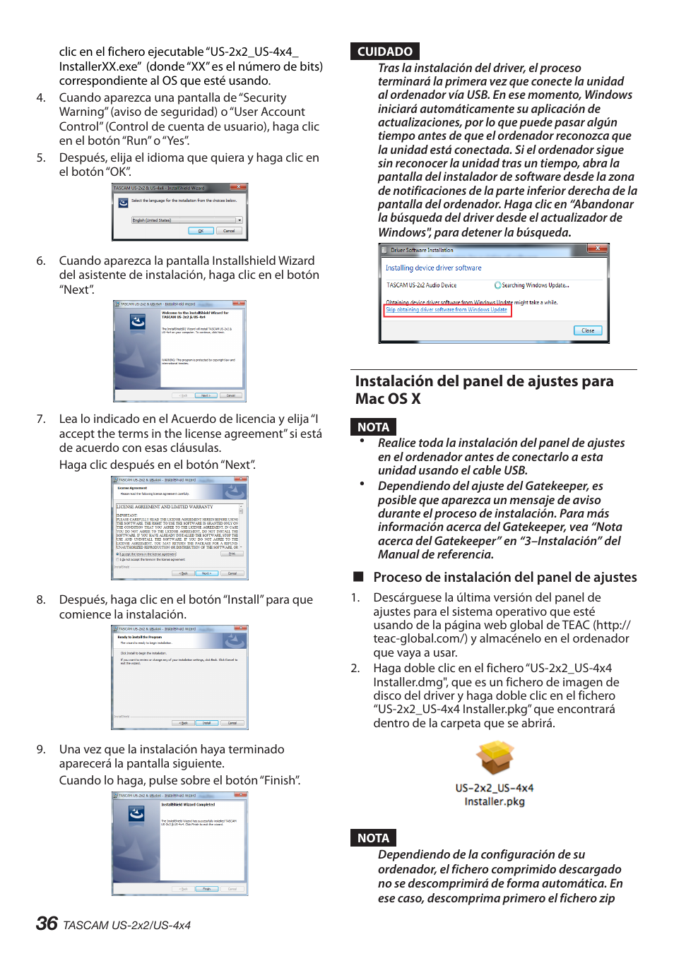 Instalación del panel de ajustes para mac os x | Teac US-2X2 User Manual | Page 36 / 88