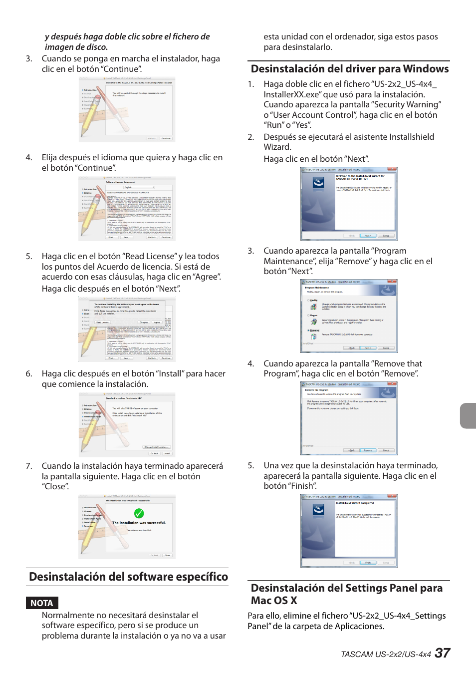 Desinstalación del software específico, Desinstalación del driver para windows, Desinstalación del settings panel para mac os x | Teac US-2X2 User Manual | Page 37 / 88