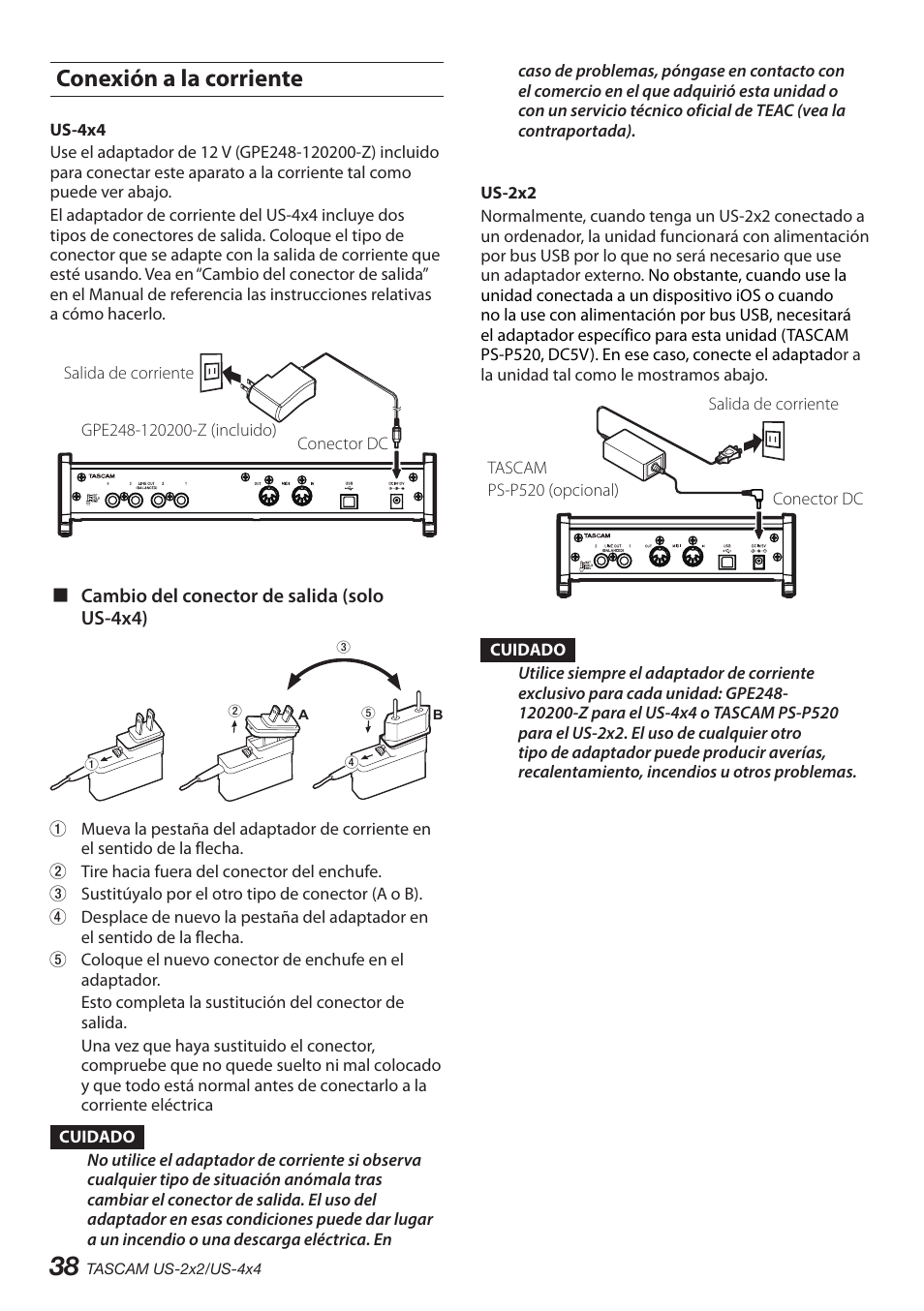 Conexión a la corriente | Teac US-2X2 User Manual | Page 38 / 88