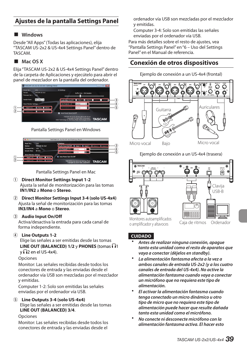 Ajustes de la pantalla settings panel, Conexión de otros dispositivos | Teac US-2X2 User Manual | Page 39 / 88