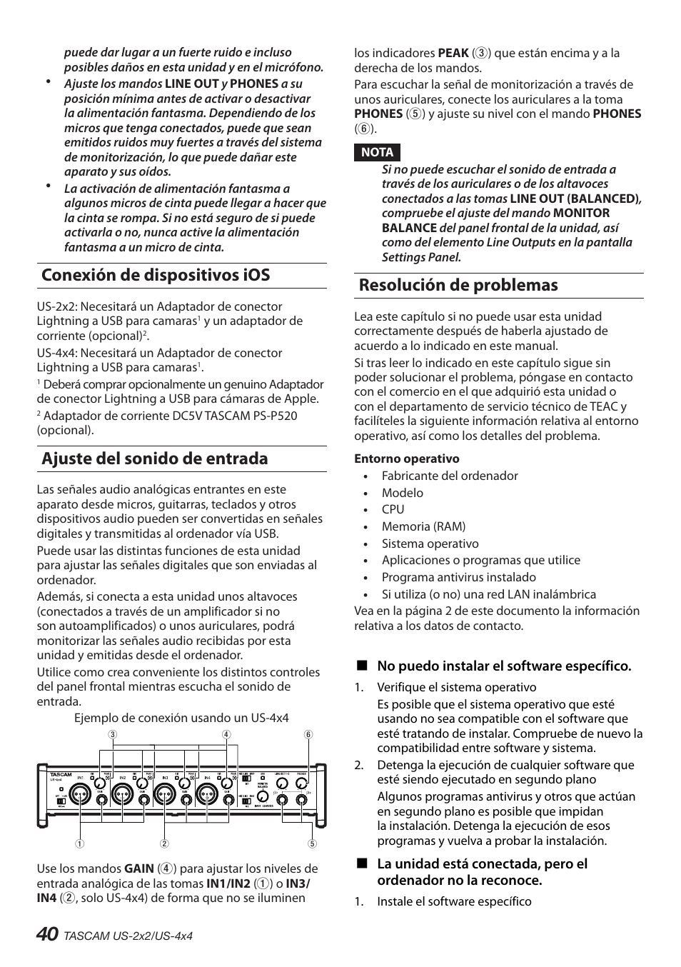 Conexión de dispositivos ios, Ajuste del sonido de entrada, Resolución de problemas | Teac US-2X2 User Manual | Page 40 / 88