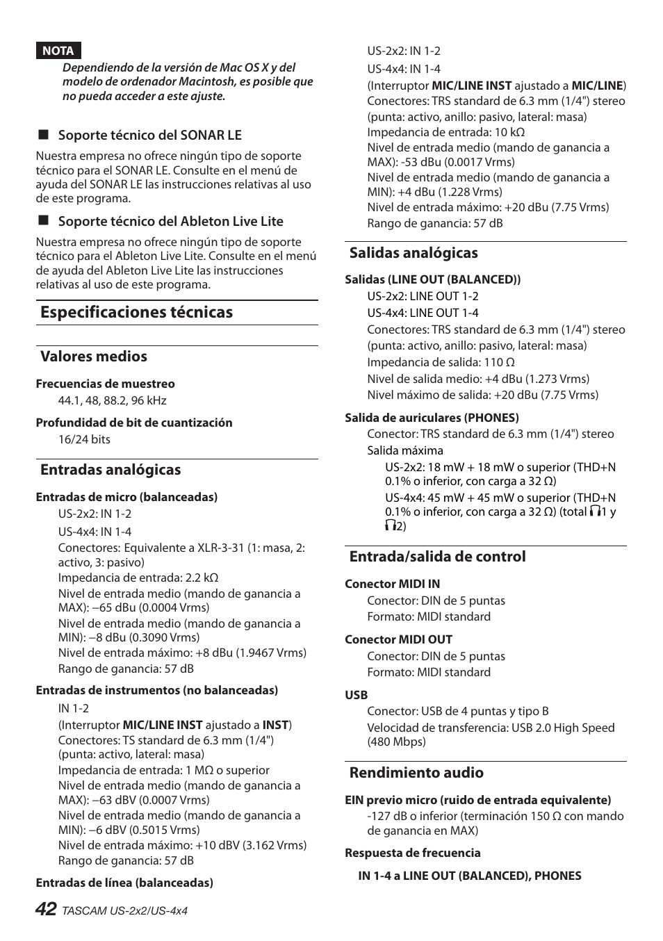 Especificaciones técnicas, Valores medios, Entradas analógicas | Salidas analógicas, Entrada/salida de control, Rendimiento audio | Teac US-2X2 User Manual | Page 42 / 88