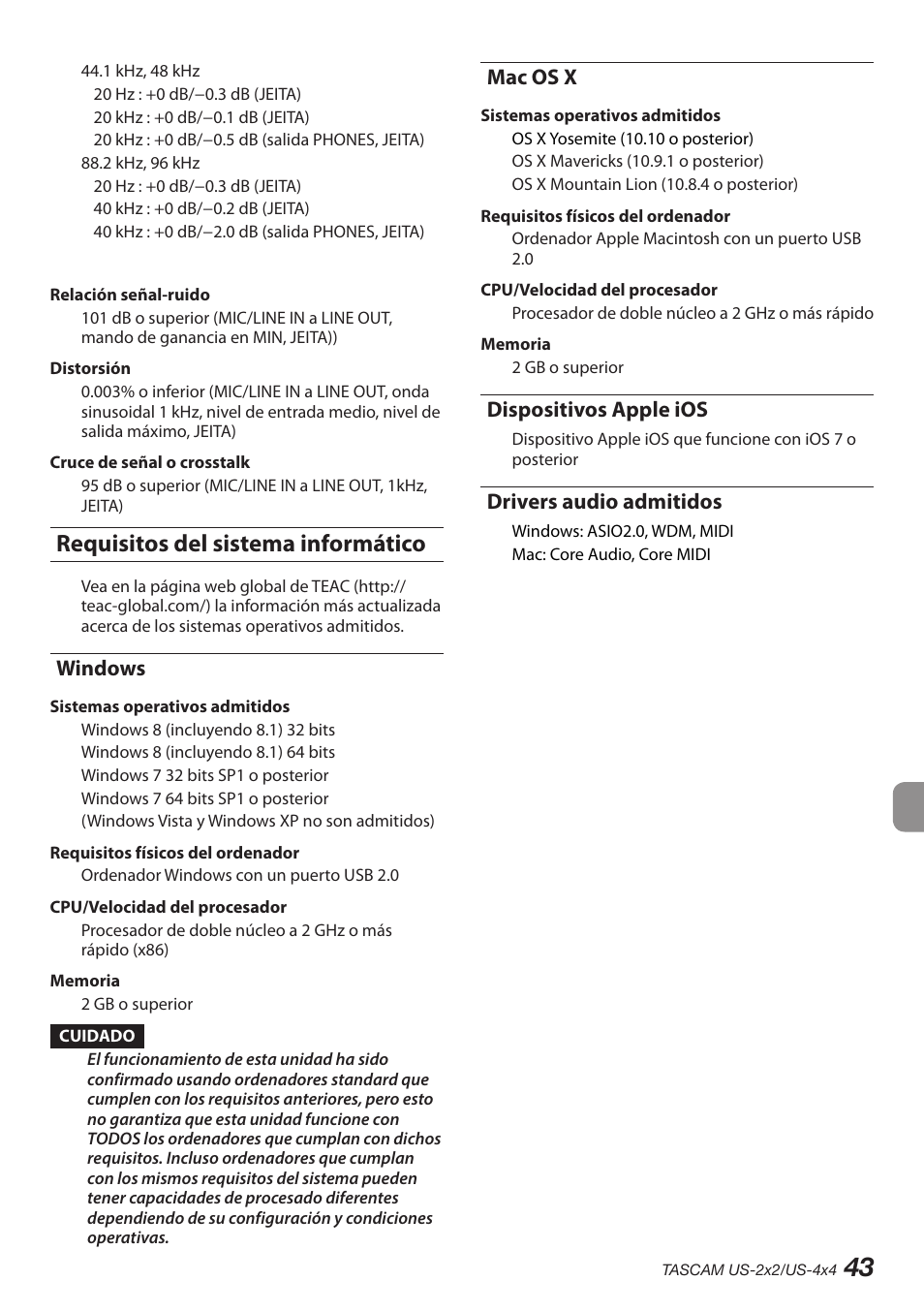 Requisitos del sistema informático, Windows, Mac os x | Dispositivos apple ios, Drivers audio admitidos | Teac US-2X2 User Manual | Page 43 / 88