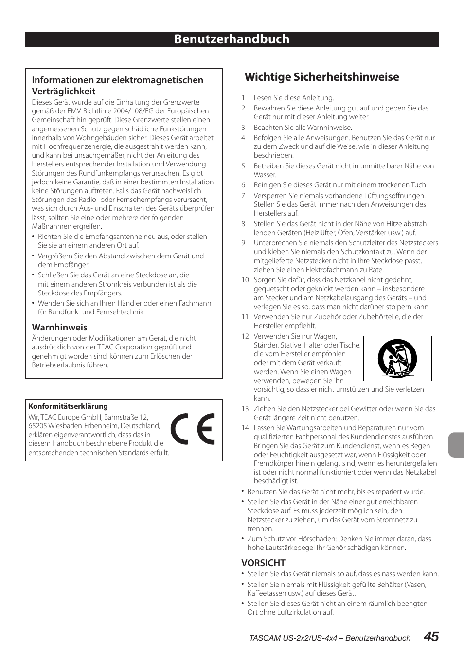 Deutsch, Wichtige sicherheitshinweise, 45 benutzerhandbuch | Warnhinweis, Vorsicht | Teac US-2X2 User Manual | Page 45 / 88