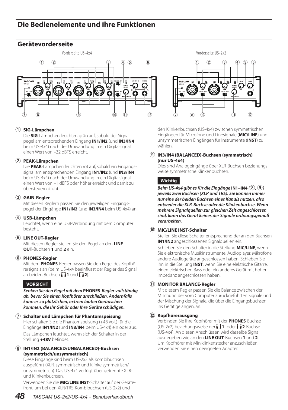 Die bedienelemente und ihre funktionen, Gerätevorderseite | Teac US-2X2 User Manual | Page 48 / 88