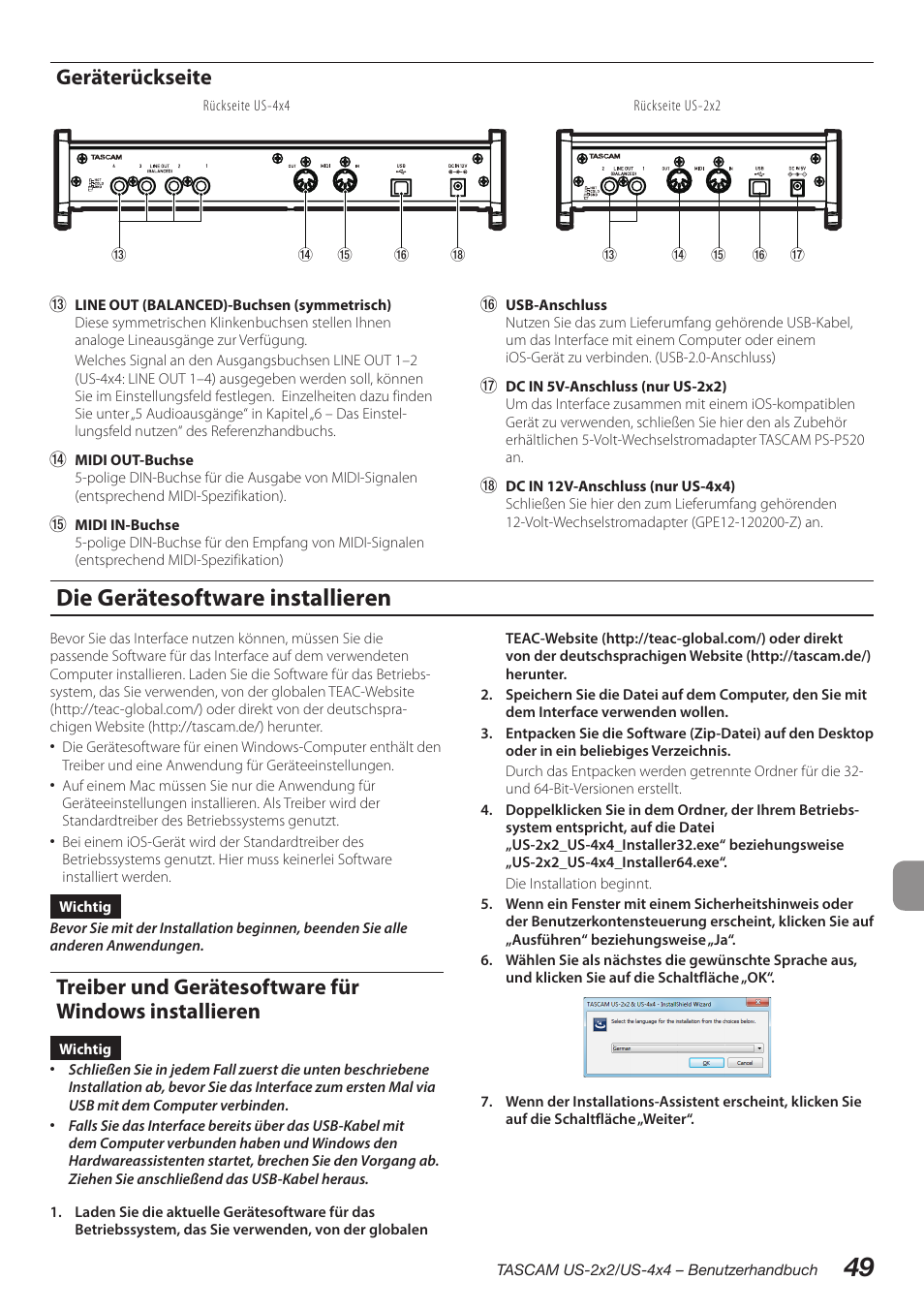 Geräterückseite, Die gerätesoftware installieren | Teac US-2X2 User Manual | Page 49 / 88